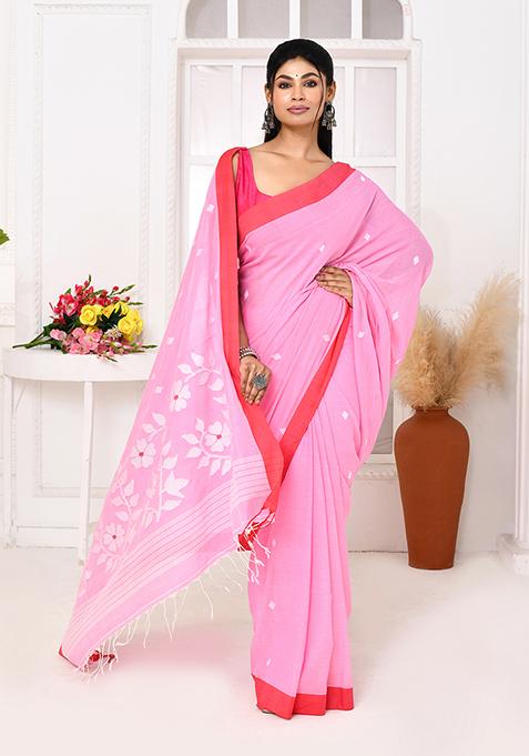 Pink Embroidered Cotton Saree