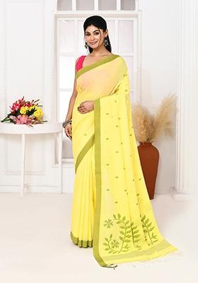 Light Lemon Yellow Embroidered Cotton Saree