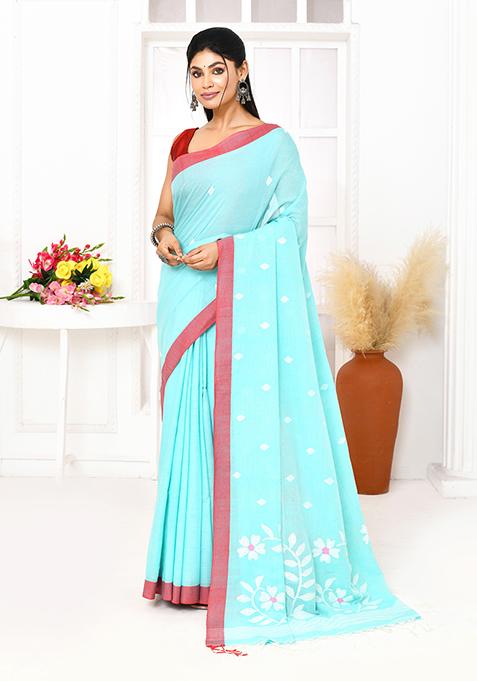 Light Sky Blue Embroidered Cotton Saree