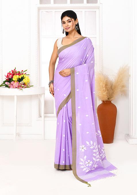 Lavender Embroidered Cotton Saree