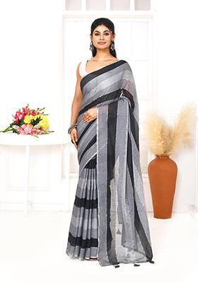 Grey Black Striped Cotton Saree