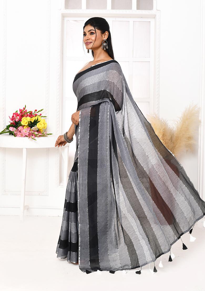 Grey Black Striped Cotton Saree - Indya