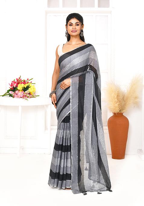 Grey Black Striped Cotton Saree