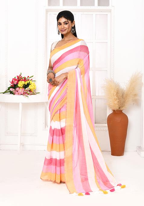 Pink Striped Cotton Saree