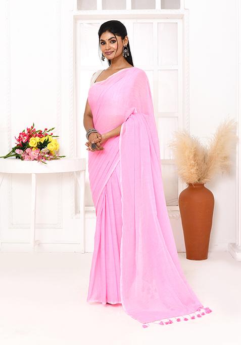 Pink Solid Cotton Saree