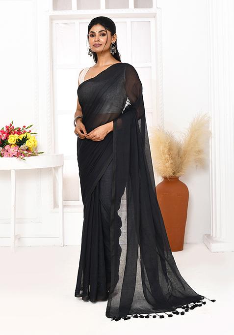 Black Solid Cotton Saree