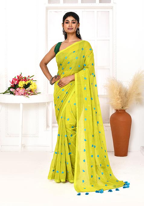Lemon Green Embroidered Cotton Saree