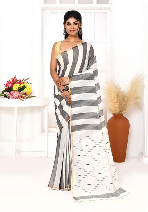 Grey White Embroidered Cotton Saree