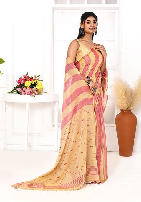 Red Tangerine Embroidered Cotton Saree