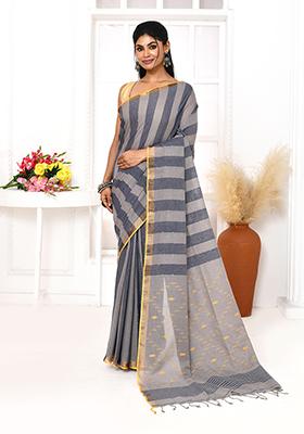 Grey Embroidered Cotton Saree