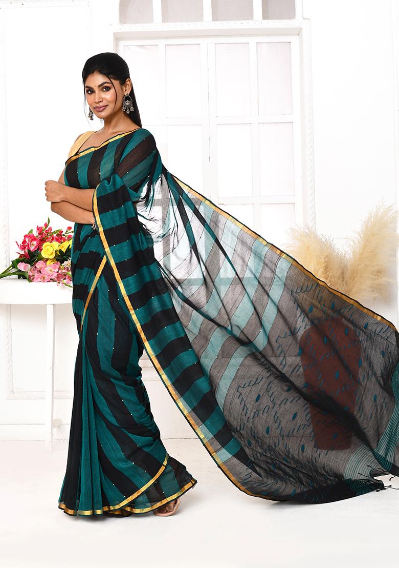 Black Embroidered Cotton Saree - Indya