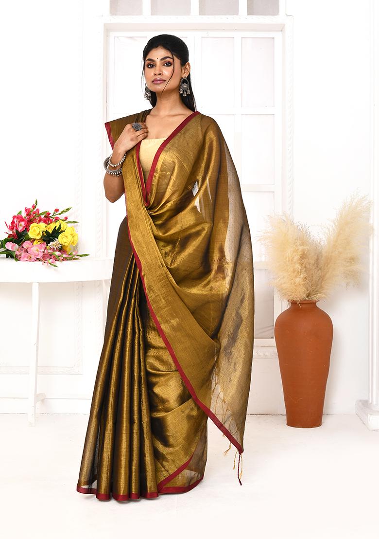 Gold Embroidered Cotton Saree - Indya