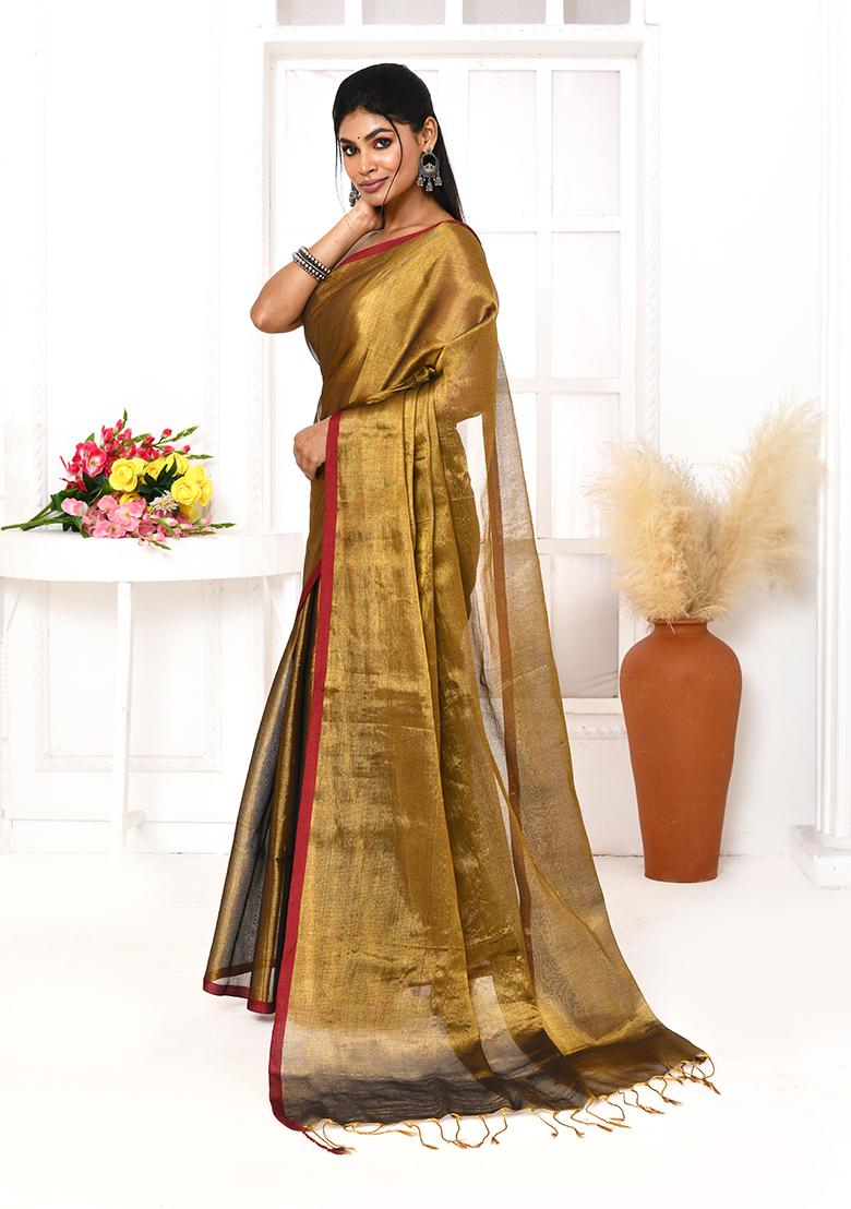 Gold Embroidered Cotton Saree - Indya