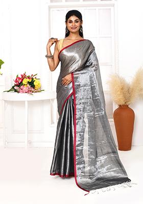 Silver Grey Embroidered Cotton Saree