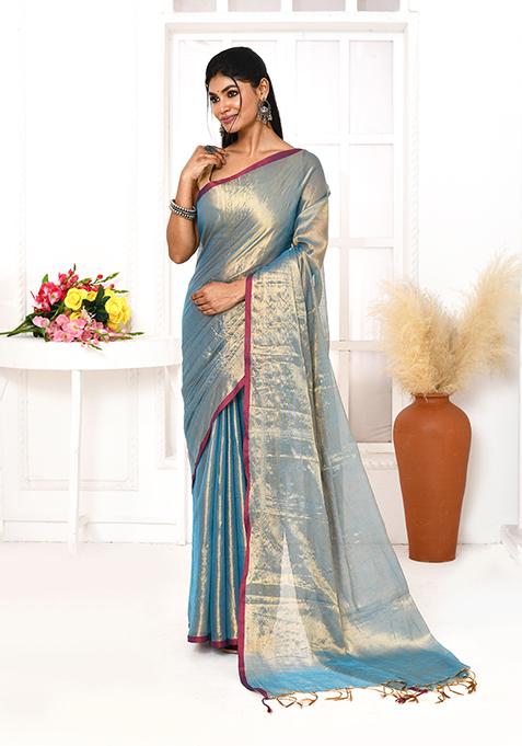 Copper Blue Embroidered Cotton Saree