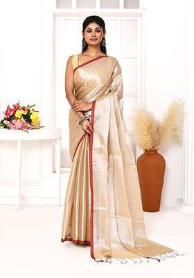 Muga Beige Embroidered Cotton Saree
