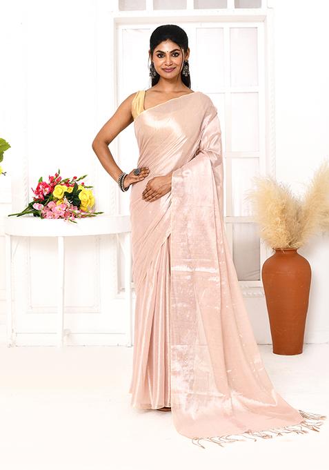 Peach Embroidered Cotton Saree
