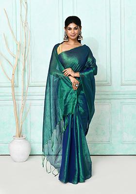 Green Blue Embroidered Cotton Saree