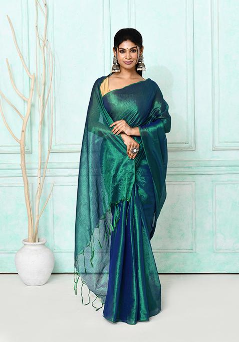 Green Blue Embroidered Cotton Saree