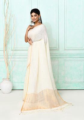 White Embroidered Linen Saree