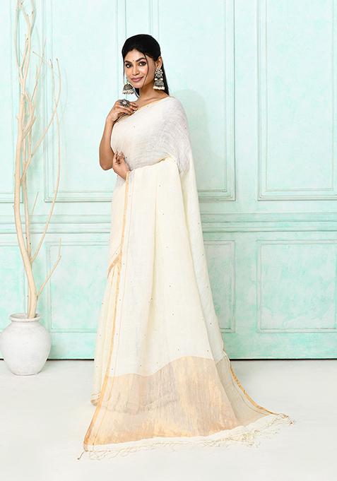 White Embroidered Linen Saree