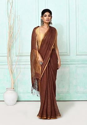 Brown Embroidered Linen Saree
