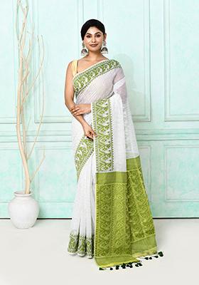 White Embroidered Cotton Saree