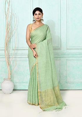 Sea Green Embroidered Linen Saree