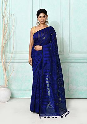 Blue Embroidered Cotton Saree