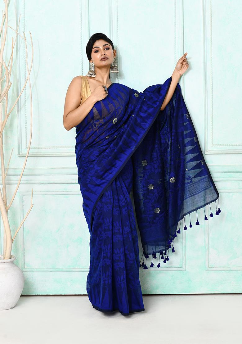 Blue Embroidered Cotton Saree - Indya