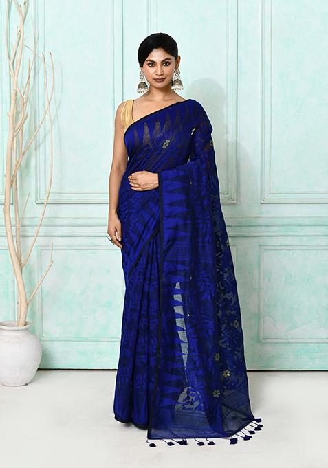 Blue Embroidered Cotton Saree