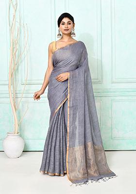 Dim Grey Embroidered Linen Saree