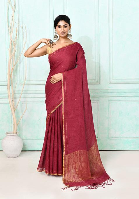 Maroon Embroidered Linen Saree