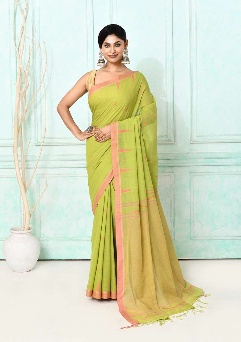 Olive Embroidered Cotton Saree - Indya
