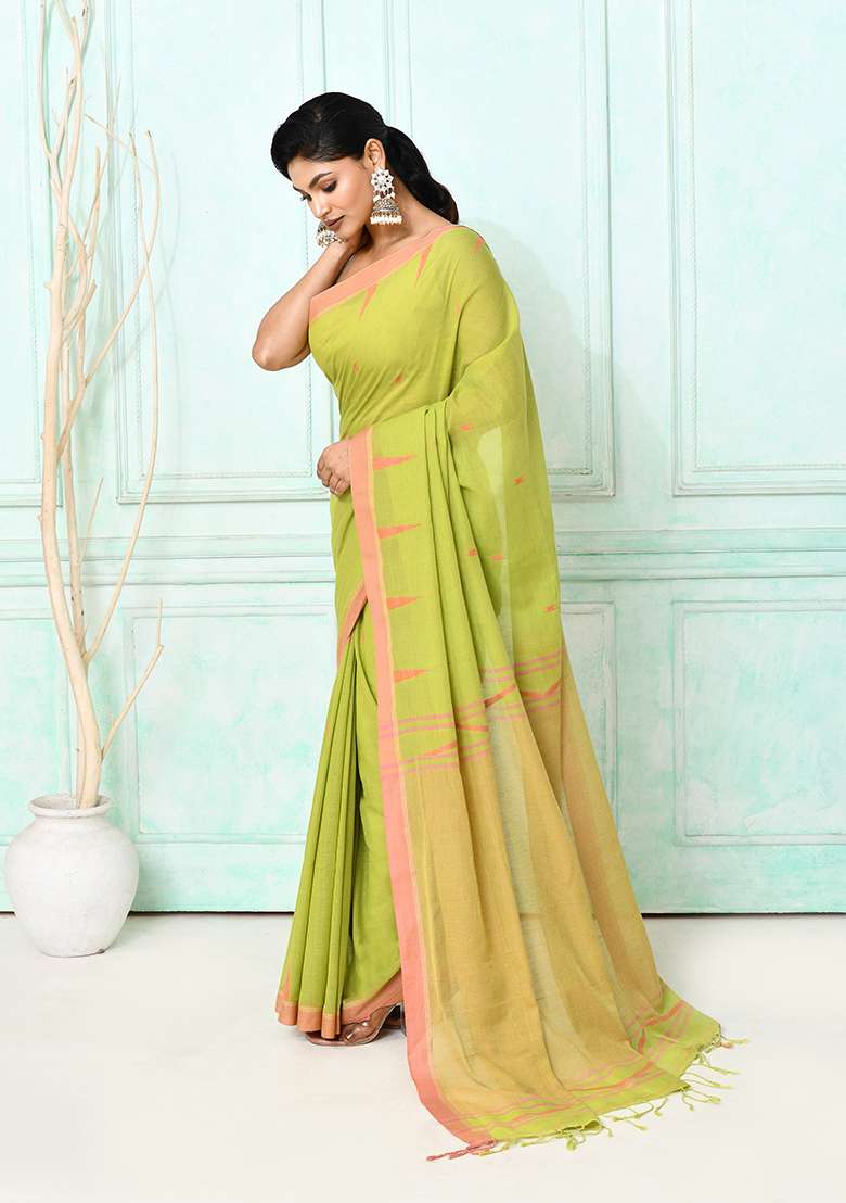 Olive Embroidered Cotton Saree - Indya