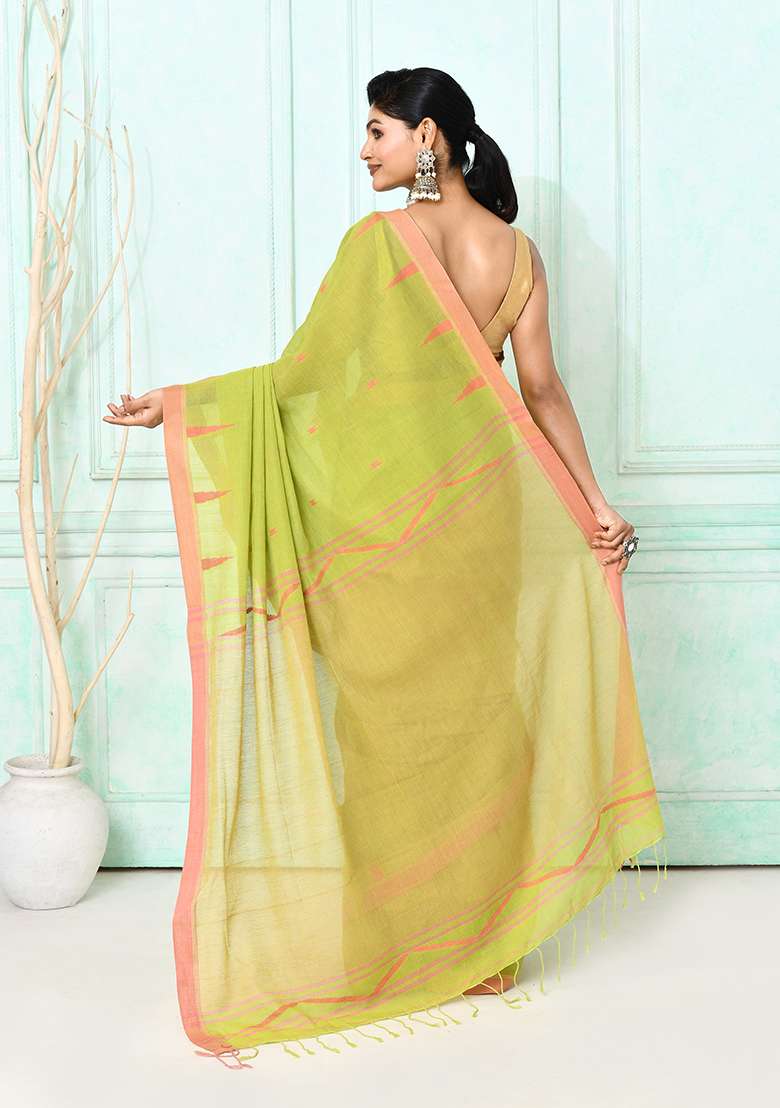 Olive Embroidered Cotton Saree - Indya