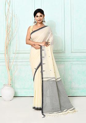 Off White Embroidered Cotton Saree