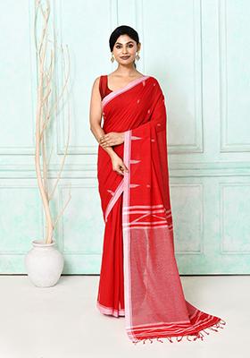 Red Embroidered Cotton Saree