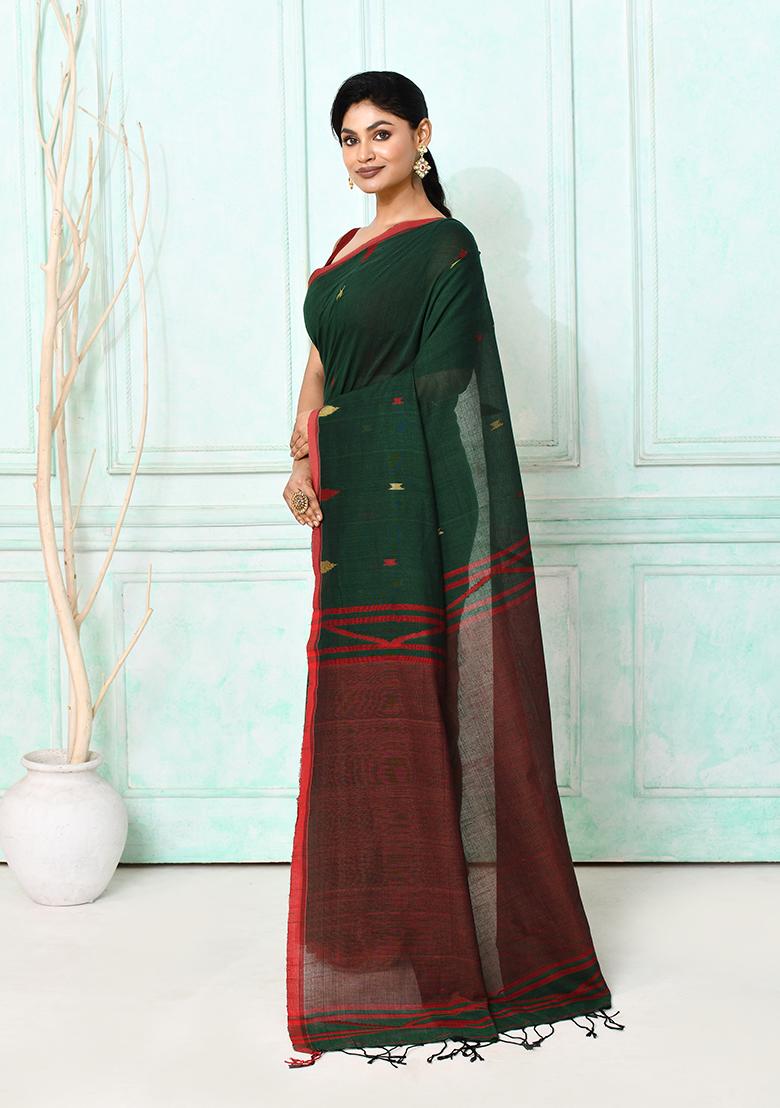 Dark Green Embroidered Cotton Saree - Indya