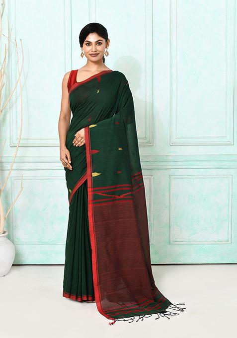Dark Green Embroidered Cotton Saree