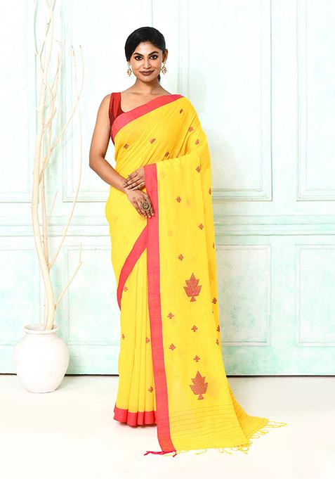 Yellow Embroidered Cotton Saree