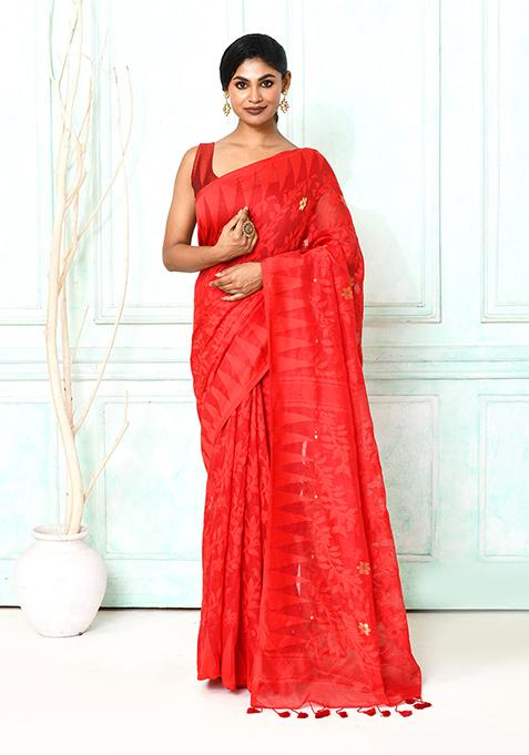Red Embroidered Cotton Saree