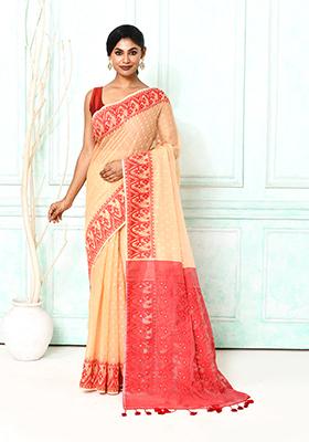 Muga Red Embroidered Cotton Saree
