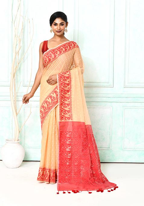 Muga Red Embroidered Cotton Saree