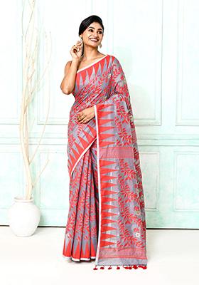 Grey Embroidered Cotton Saree