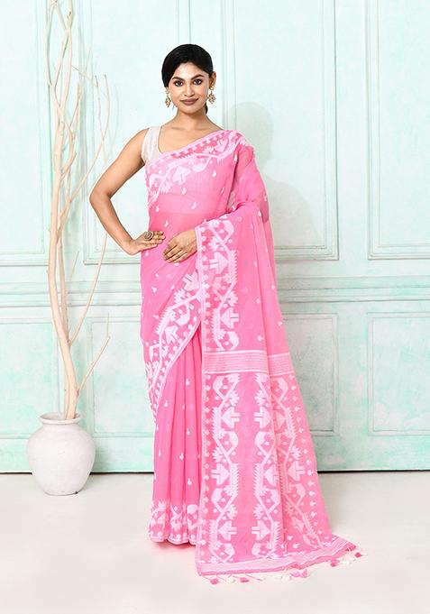 Pink Embroidered Cotton Saree
