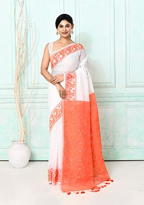 White Embroidered Cotton Saree