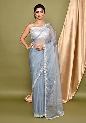 Blue Embroidered Shimmer Saree
