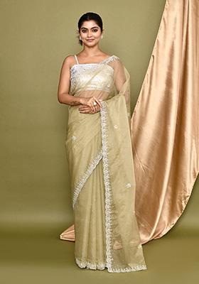 Olive Embroidered Organza Saree