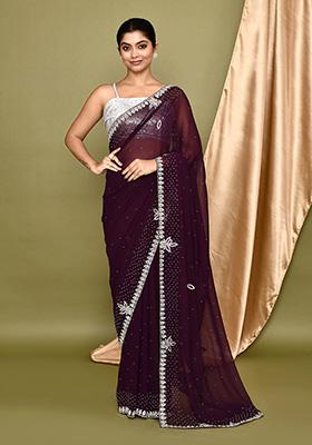 Wine Embroidered Georgette  Saree